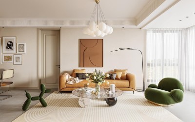 现代奶油风客餐厅3D模型下载